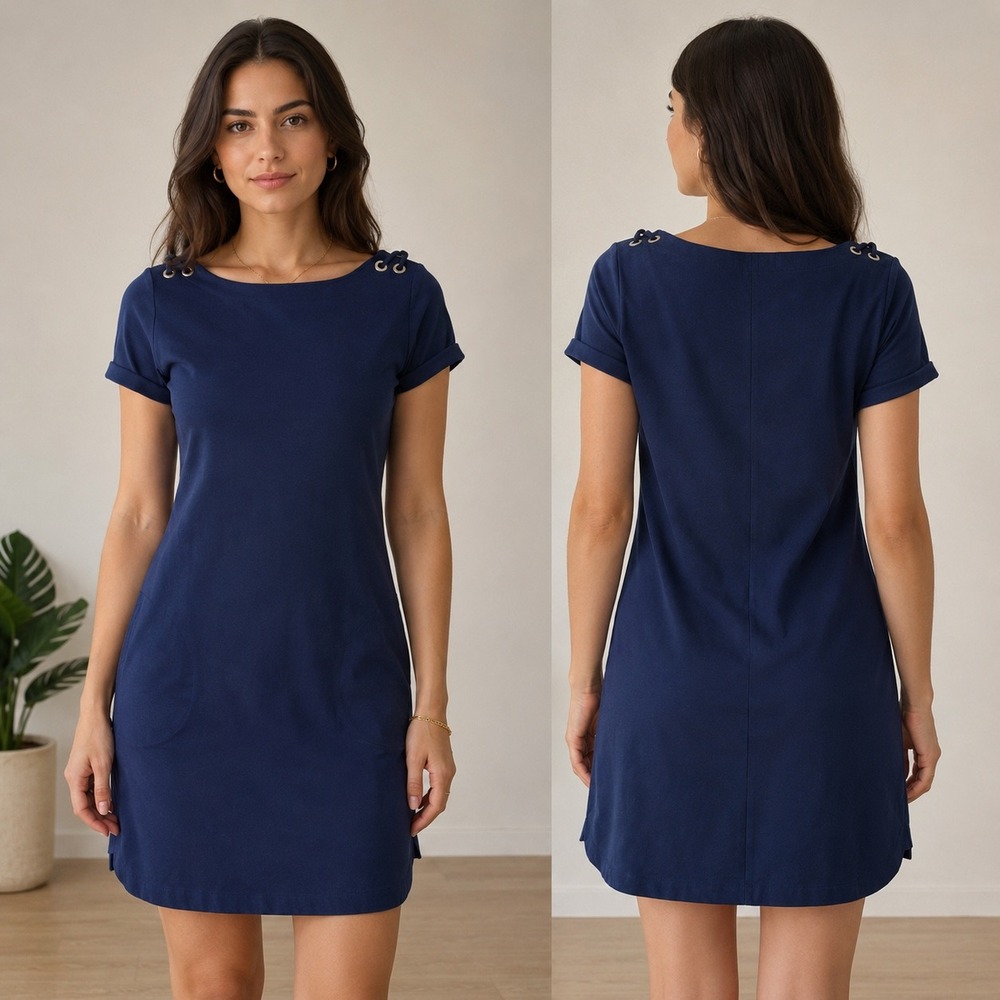 Tommy Bahama Women Dress Navy Blue Grommet Shoulder Shift Short Sleeve Pocket XS